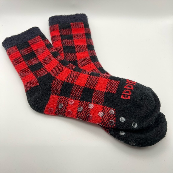 Eddie Bauer Red and Black Firelight Lounge Grip Dot Socks - Picture 1 of 3